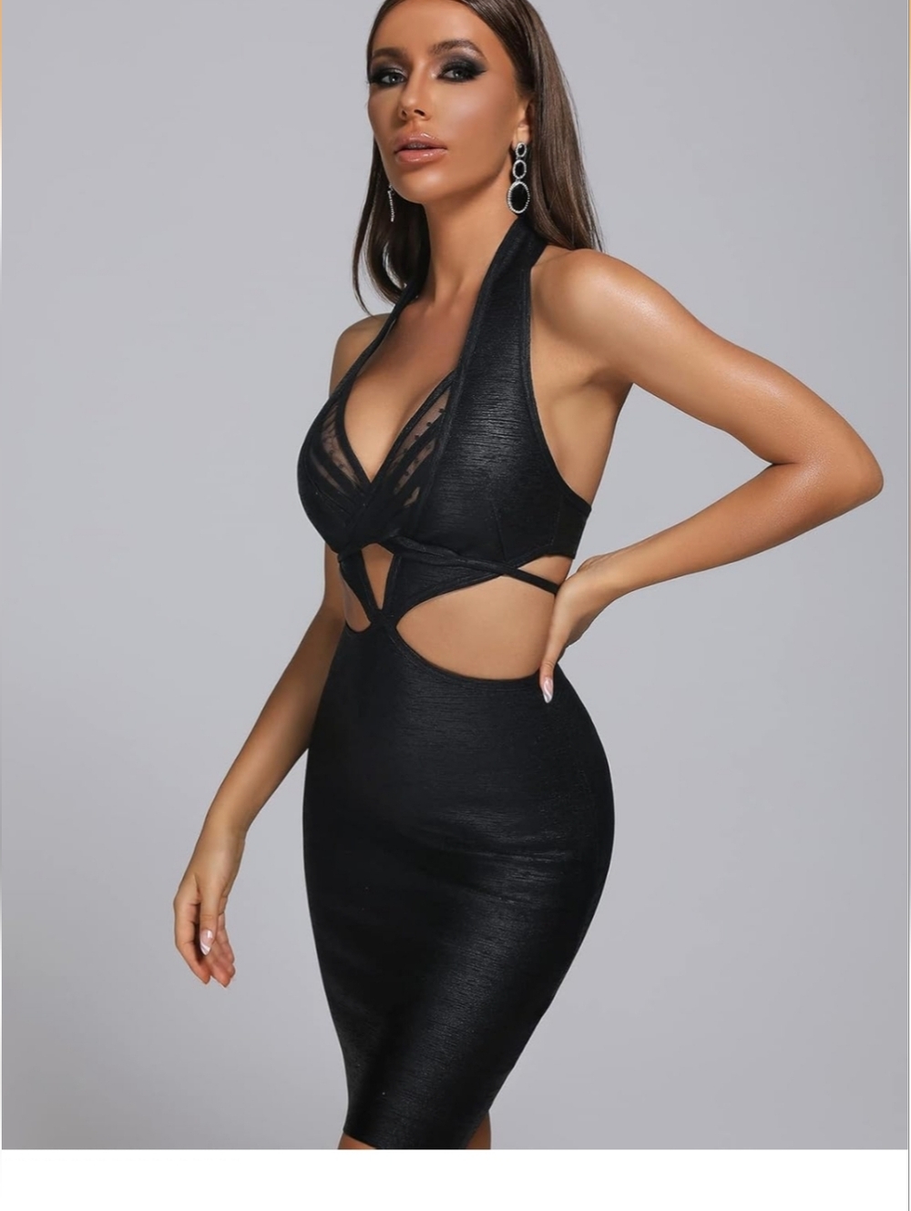 Sexy Metallic Black Cutout Halter Bodycon Dress - Picture 3 of 4